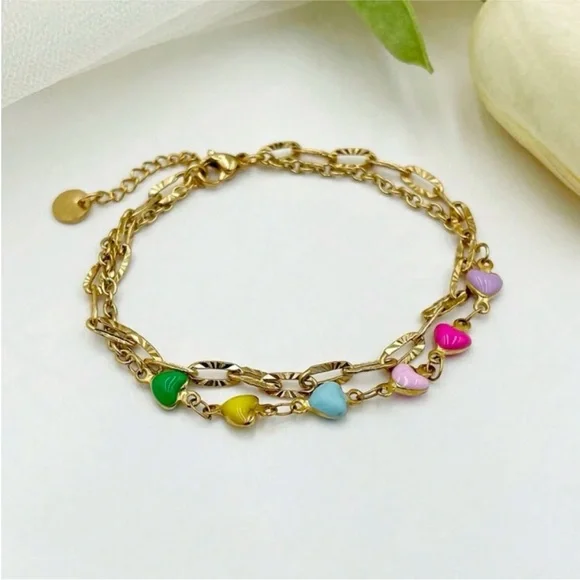 Gorgeous 2-in-1 Gold Plated Chain & Multi Candy Heart Charm Bracelet OS New - Picture 4 of 5